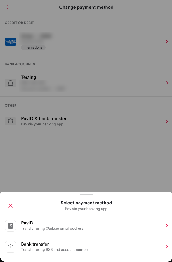 Select payment method screen with PayID and Bank transfer options