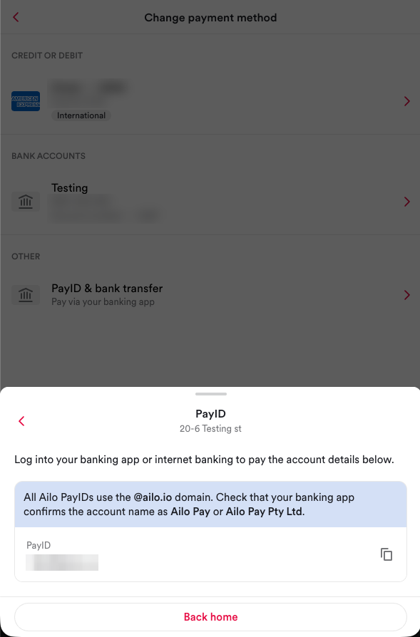 PayID details screen reminding you all Ailo PayIDs use the @ailo.io domain and the account name should show as Ailo Pay or Ailo Pay Pty Ltd
