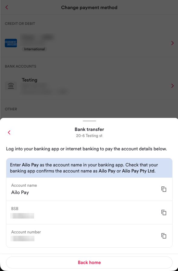 Bank transfer details screen asking you to enter Ailo Pay as the account name and check your banking app confirms it